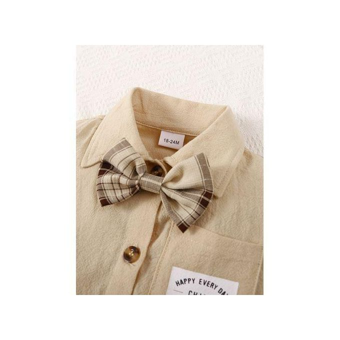 1-6 Years Kid Boy Plain Color with Bow Short Sleeve Shirt+ Plaid Shorts  SKU 554743